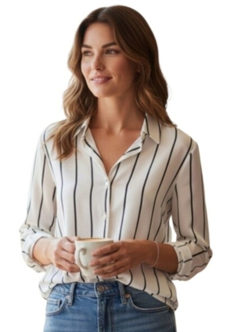 Dynamite White Vertical-Stripe Button-Down Blouse